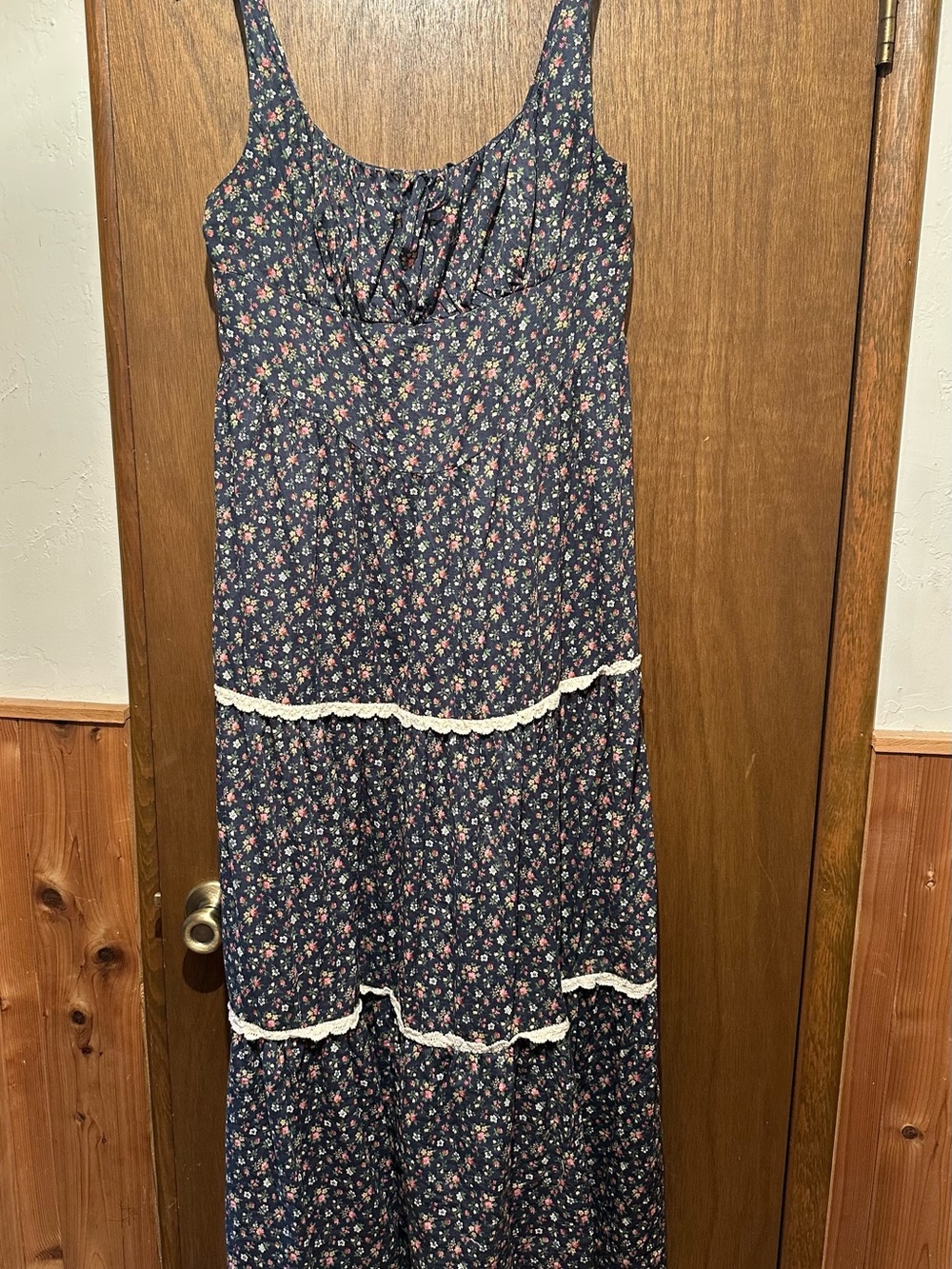 Cider Floral Maxi Sundress with Lace Trim - Navy